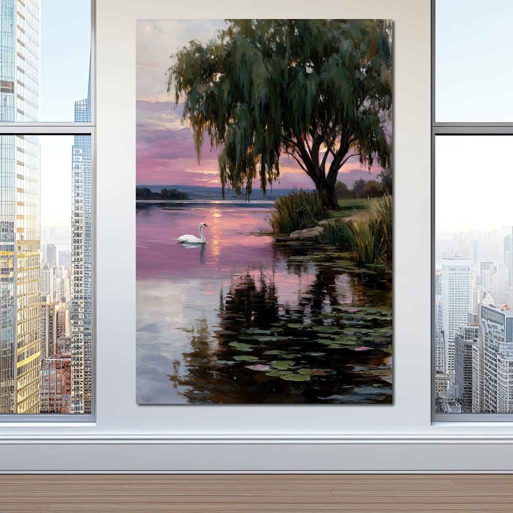Swan Lake Sunset Willow Tree Canvas Wall Art