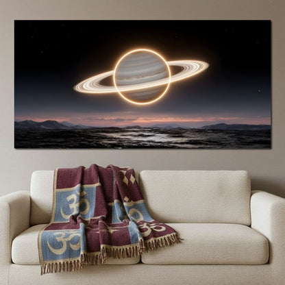 Luminous Saturn Over Alien Sea Canvas Wall Art