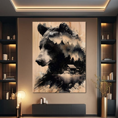 Bear Forest Cabin Reflections Canvas Wall Art