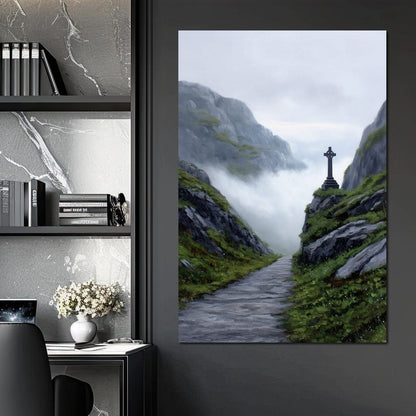 Misty Highland Cross Pathway Canvas Wall Art