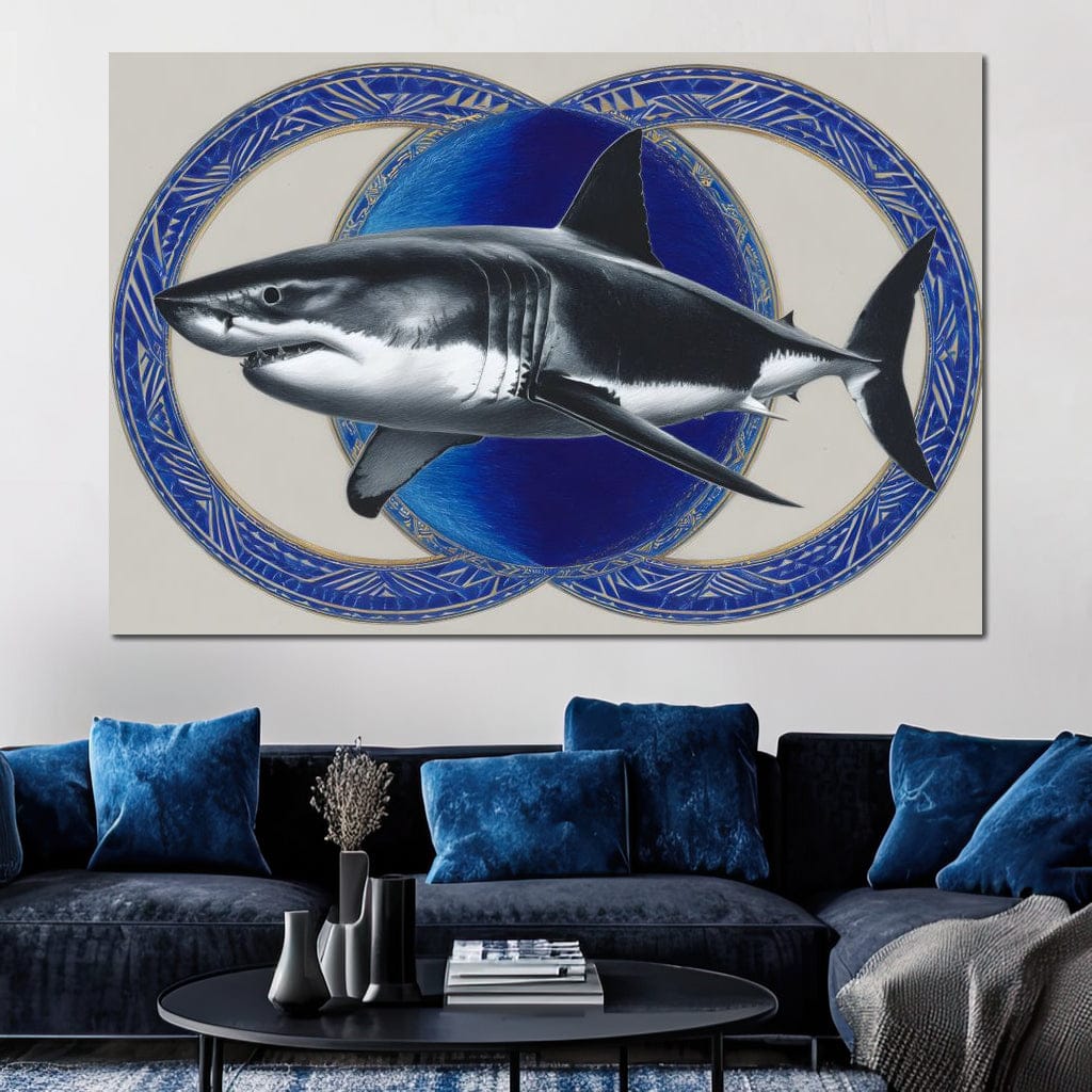 Great White Shark Emblem Blue Canvas Wall Art