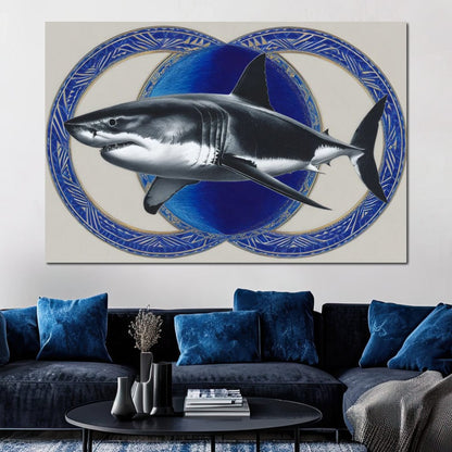 Great White Shark Emblem Blue Canvas Wall Art