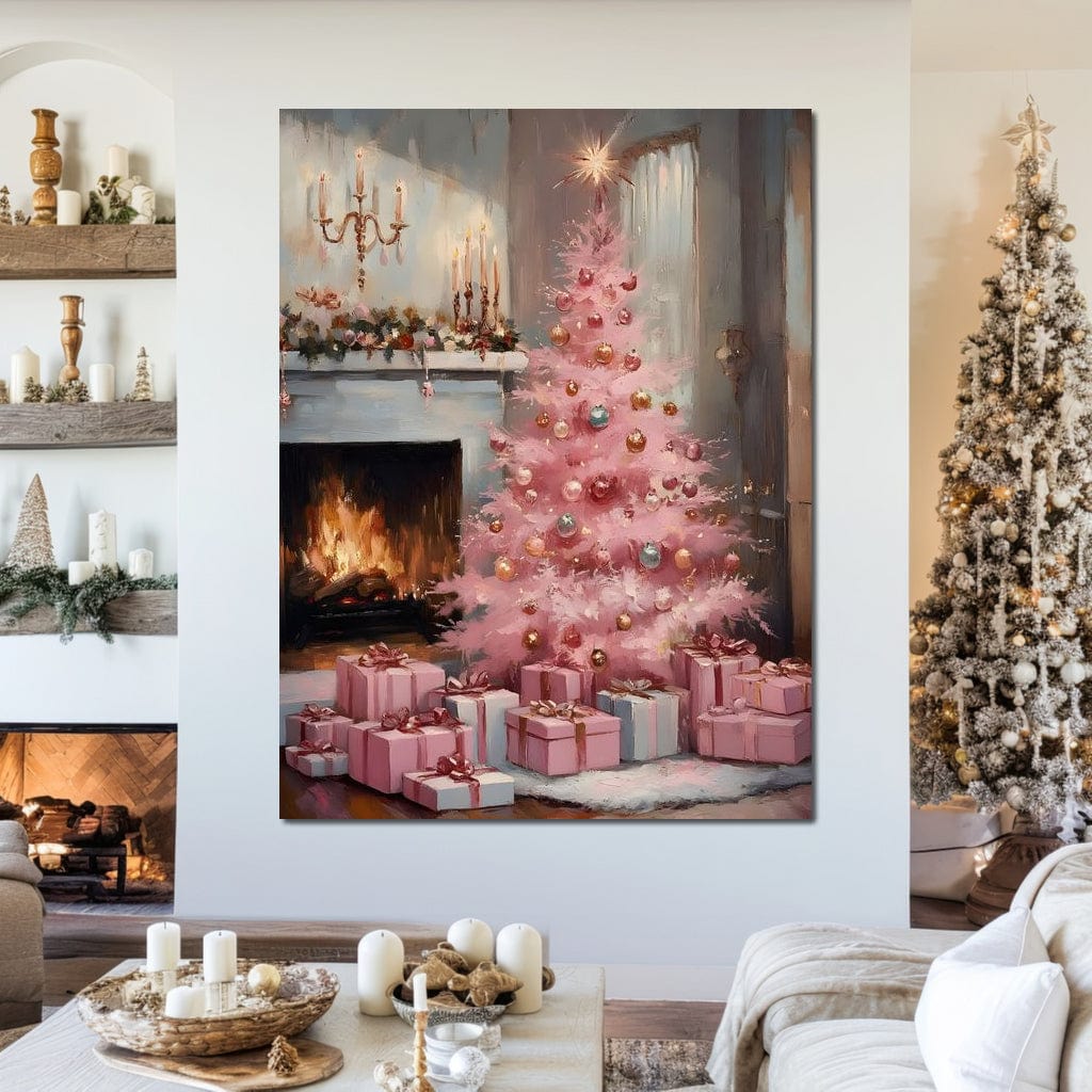 Pink Christmas Hearth Glow Canvas Wall Art
