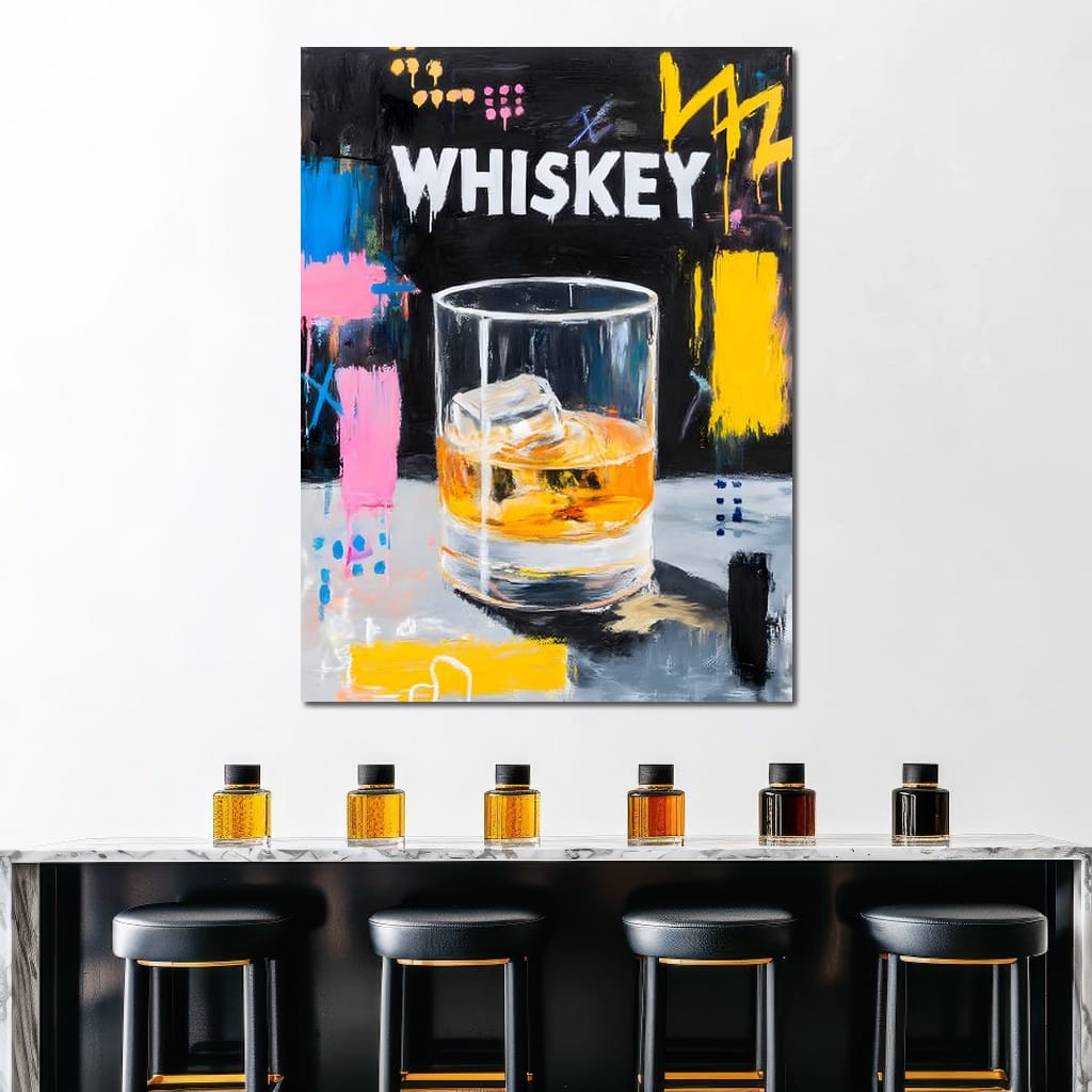 Neon Whiskey On The Rocks Canvas Wall Art