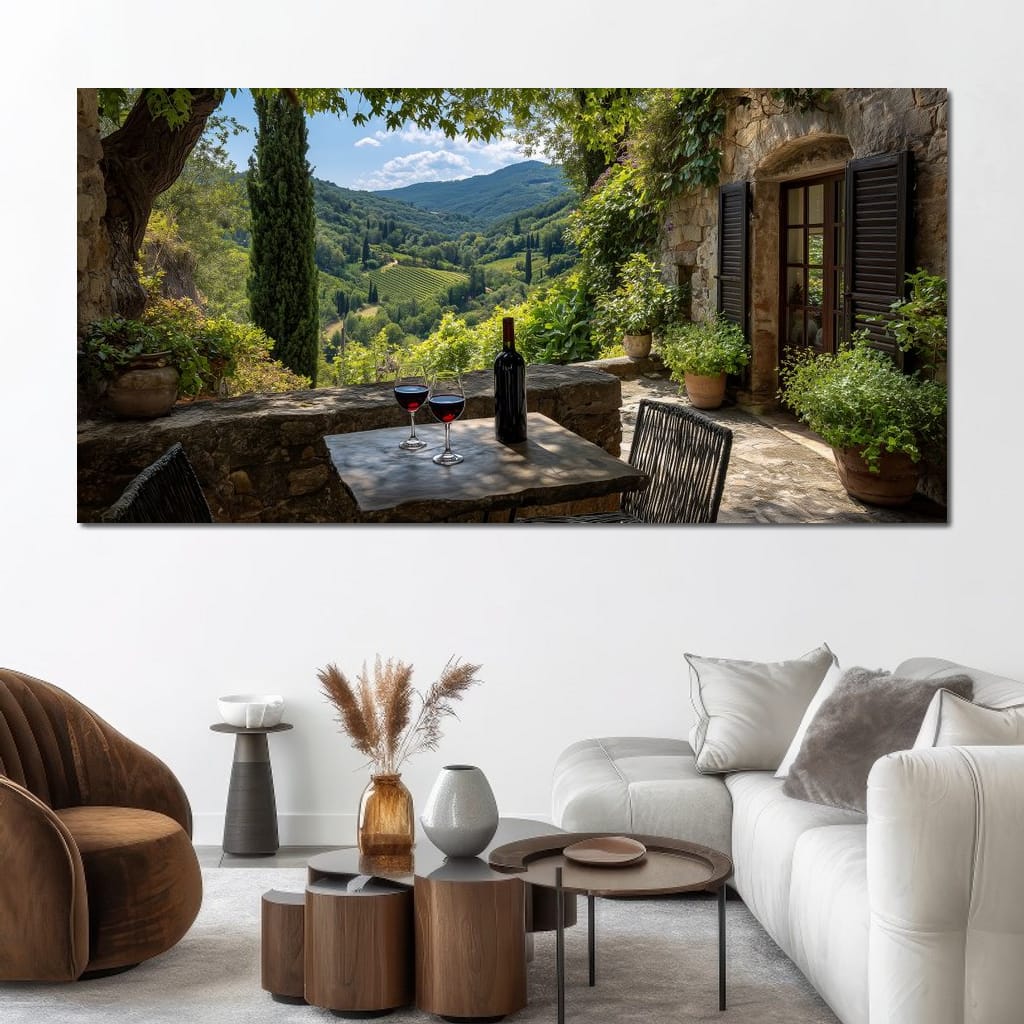 Sunlit Tuscan Vineyard Terrace Canvas Wall Art