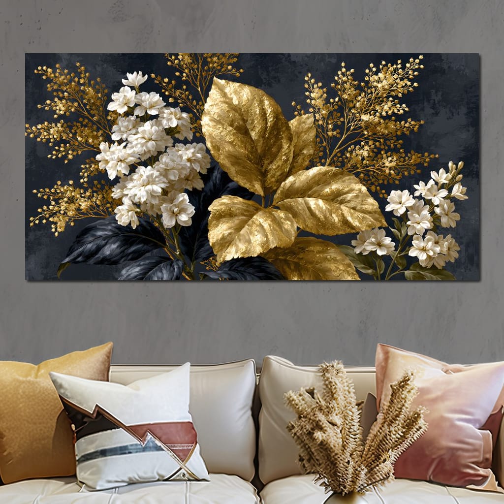 Gilded Foliage Upon Midnight Velvet Canvas Wall Art