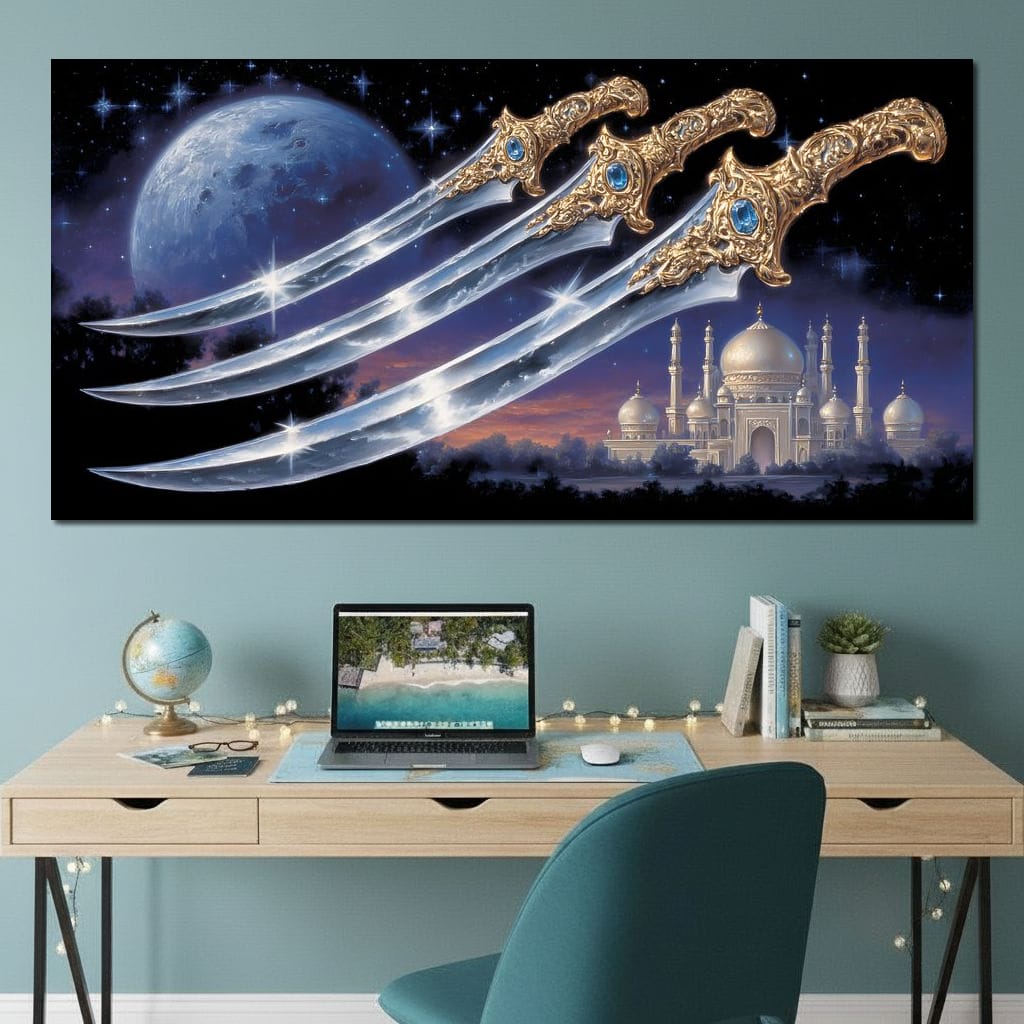 Moonlit Blades Over Golden Palace Canvas Wall Art