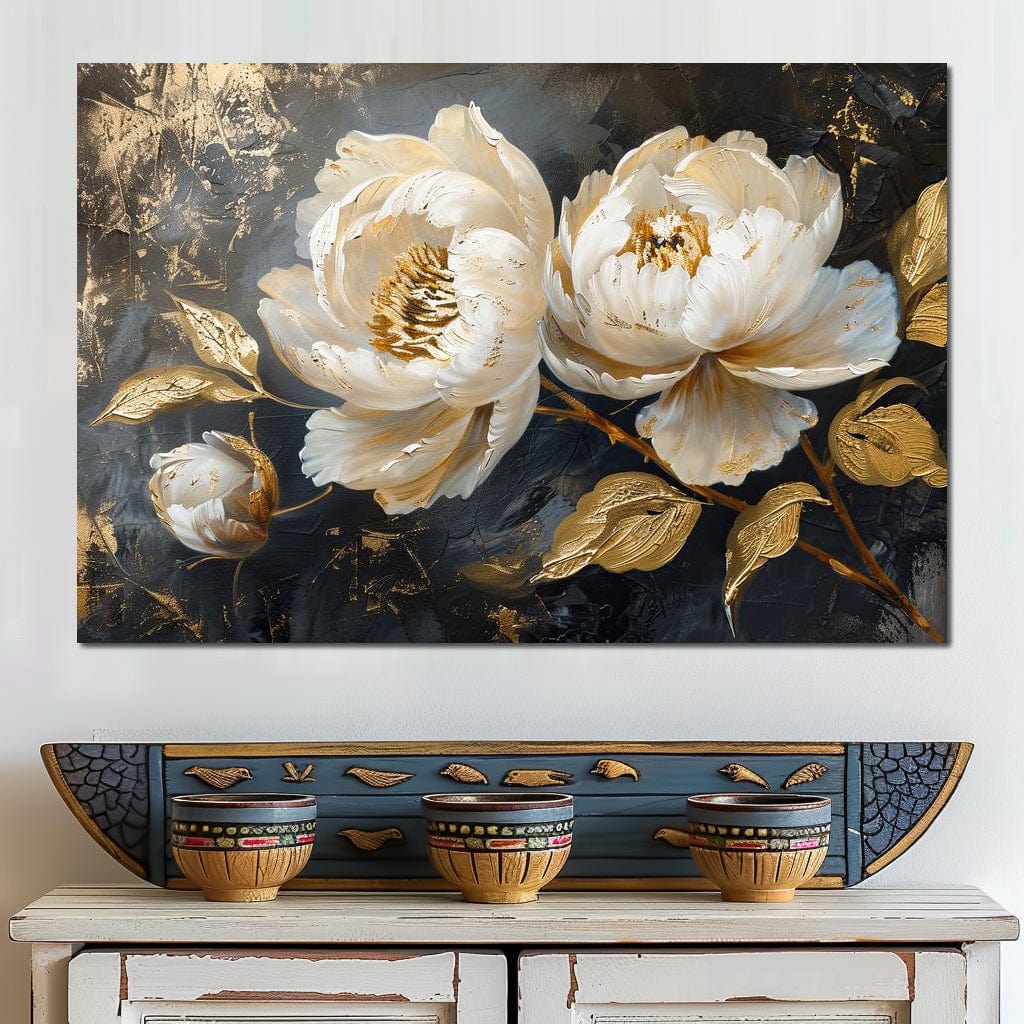 Golden Petals on Midnight Canvas Wall Art