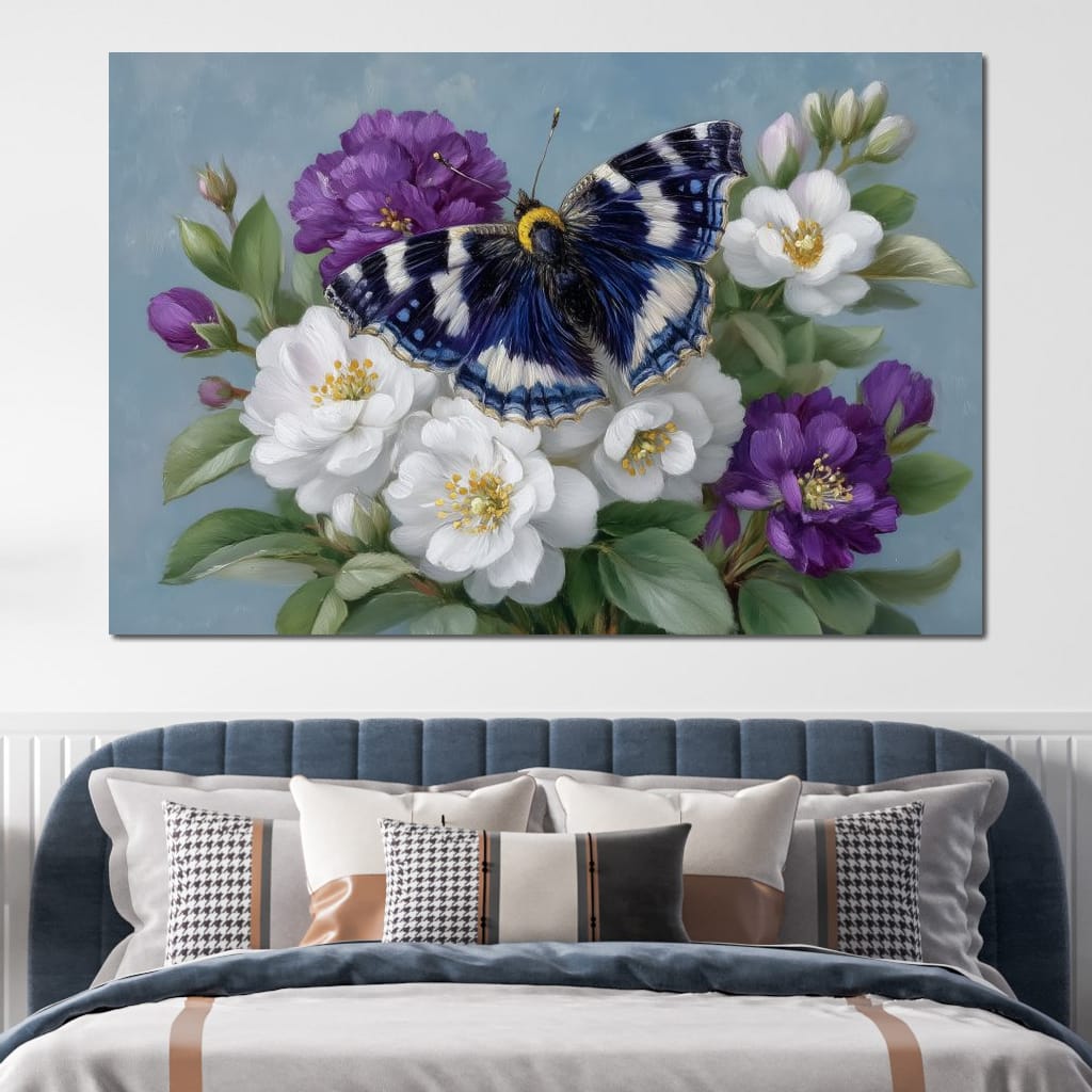 Blue Butterfly Garden Blossom Canvas Wall Art