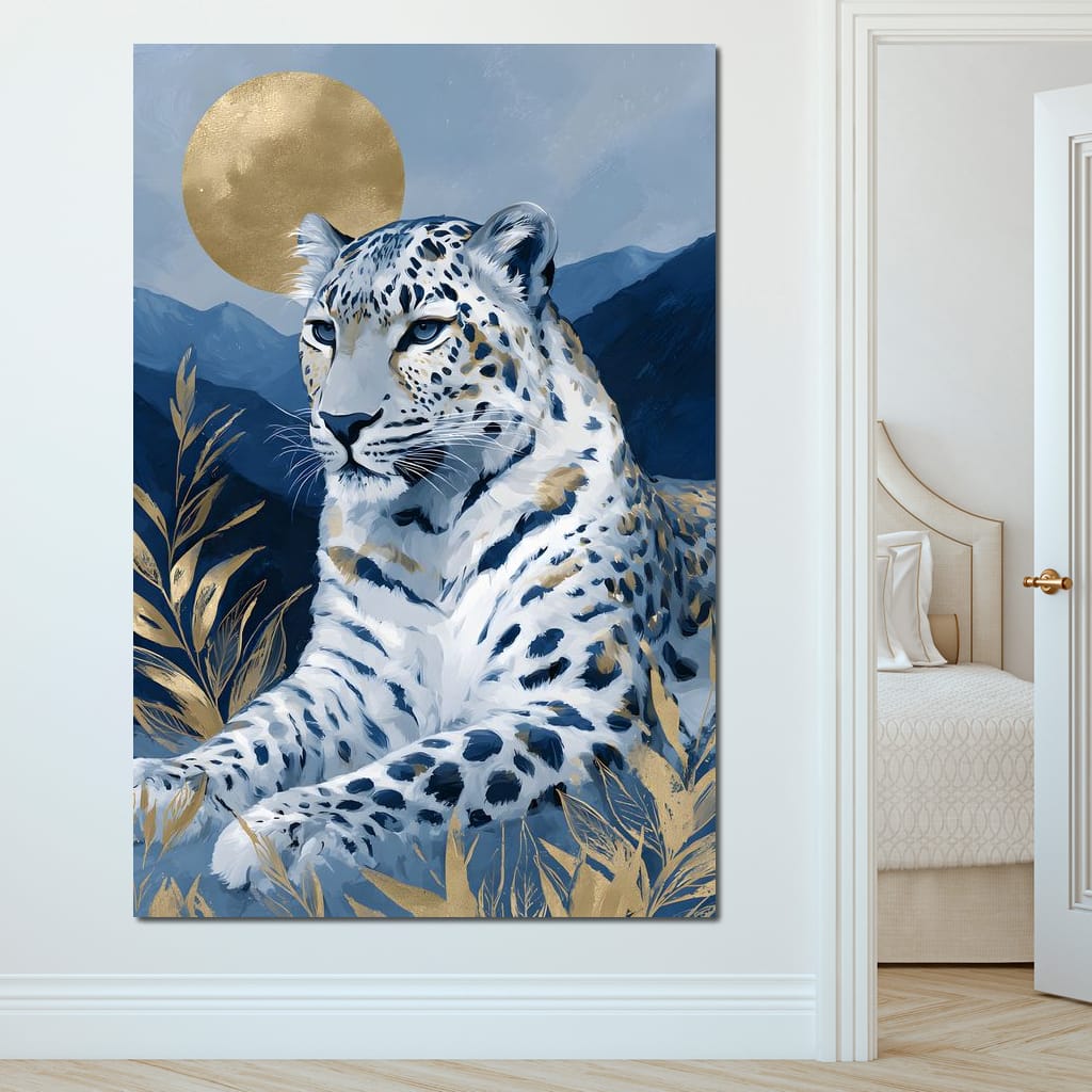 Golden Moon Snow Leopard Calm Canvas Wall Art