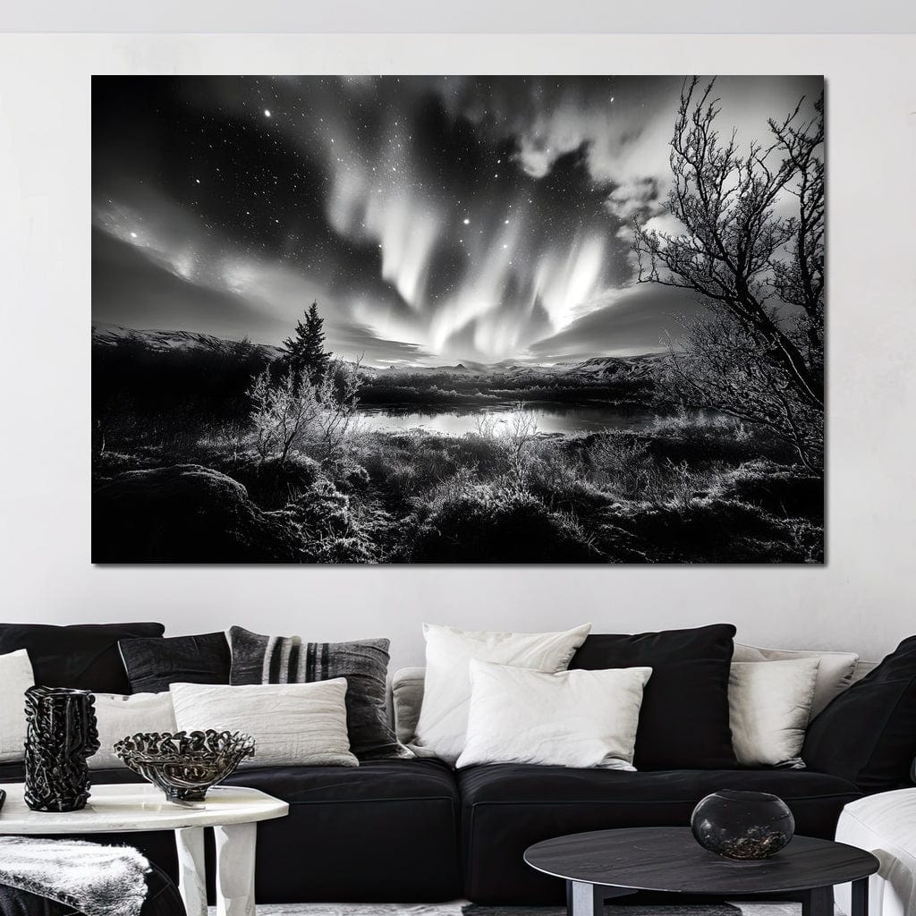 Monochrome Celestial Night's Embrace Canvas Wall Art