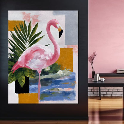 Pink Flamingo Tropical Blocks Canvas Wall Art