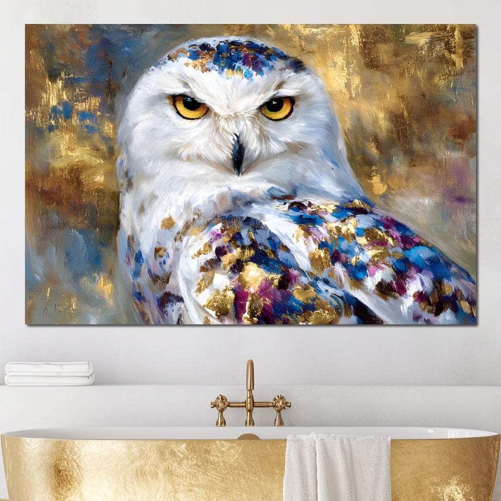 Golden Snow Owl Portrait Canvas Wall Art