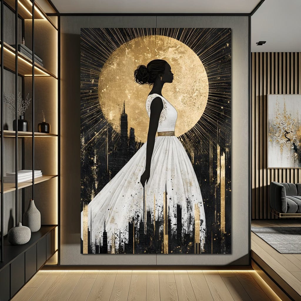 Golden Silhouette City Radiance Canvas Wall Art