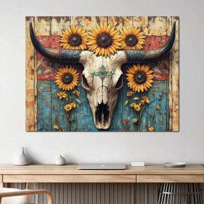 Sunflower Skulls Vintage Charm Canvas Wall Art