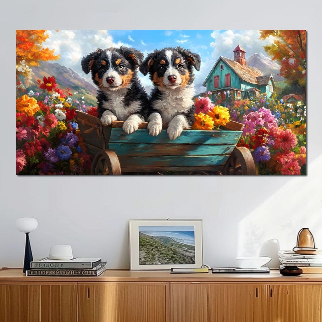 Puppy Paradise in Bloom Canvas Wall Art
