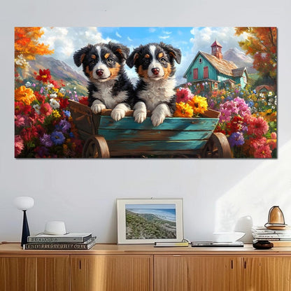 Puppy Paradise in Bloom Canvas Wall Art