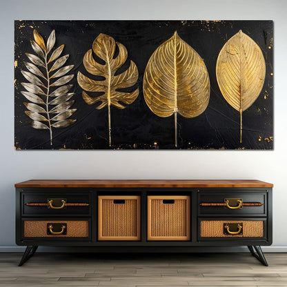Golden Leaves on Black Background Canvas Wall Art