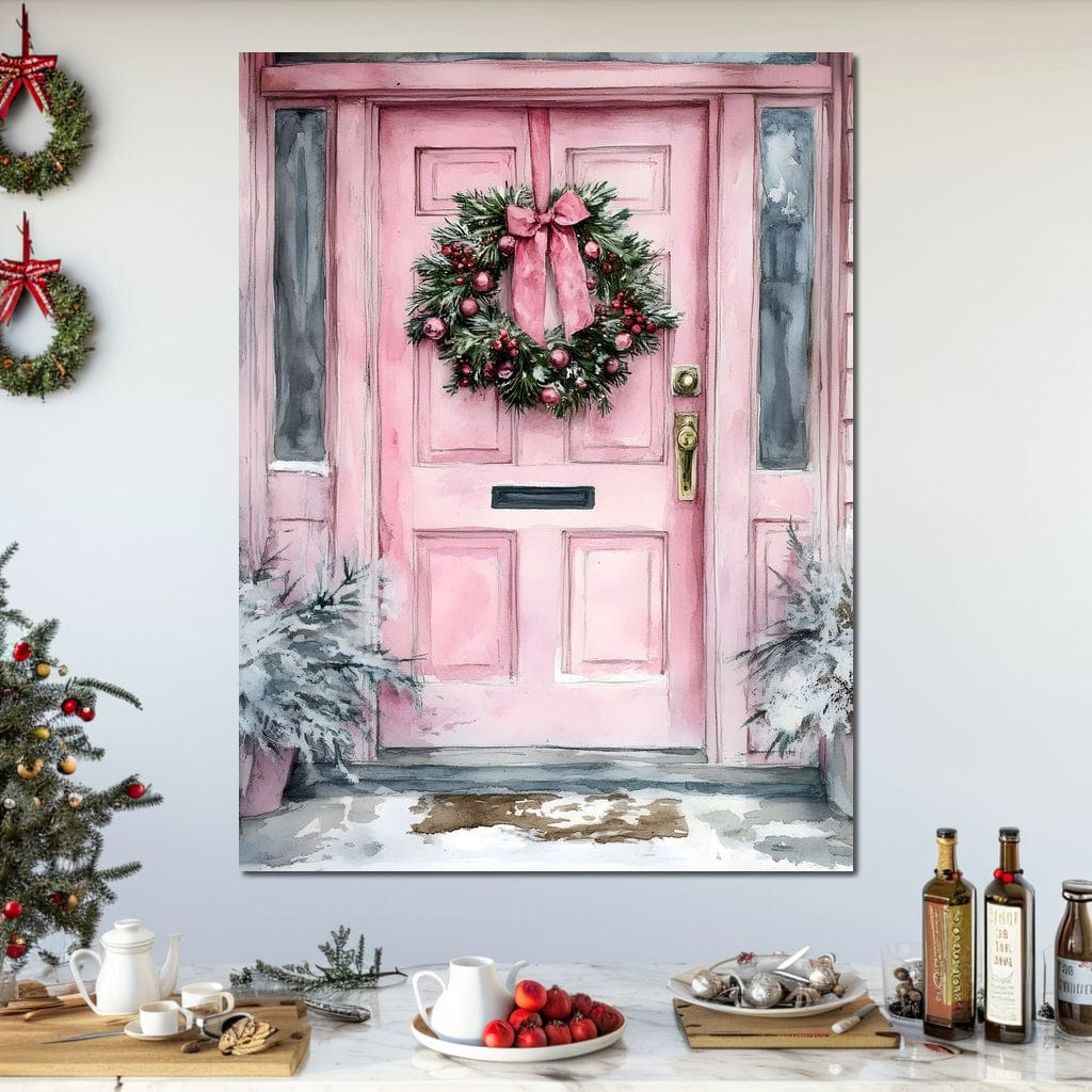 Winter Welcome Pink Door Canvas Wall Art