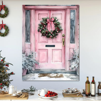 Winter Welcome Pink Door Canvas Wall Art