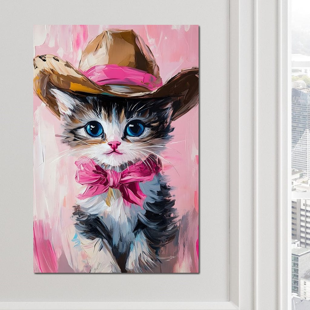 Cowboy Kitten Pink Bow Charm Canvas Wall Art