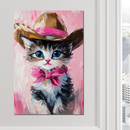 Cowboy Kitten Pink Bow Charm Canvas Wall Art