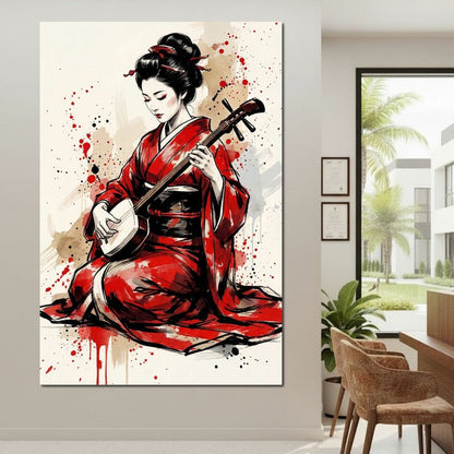 Japanese Woman with Shamisen Canvas Wall Art