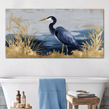 Coastal Heron Gold Reeds Canvas Wall Art