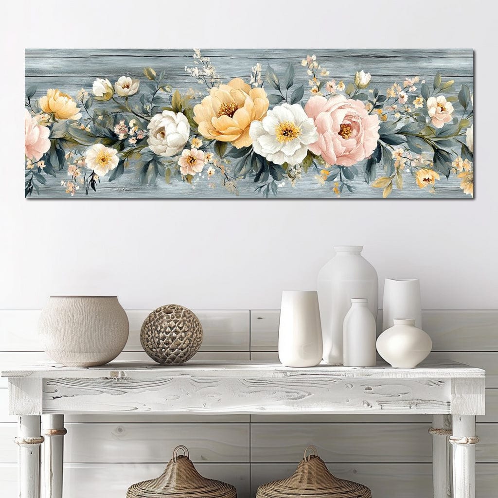 Floral Harmony on Weathered Wood Canvas Wall Art
