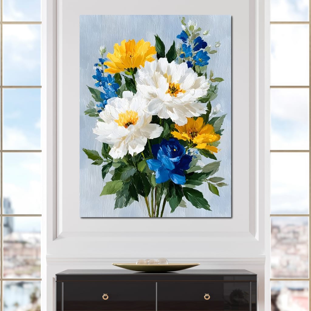 Golden White Blue Garden Posey Canvas Wall Art