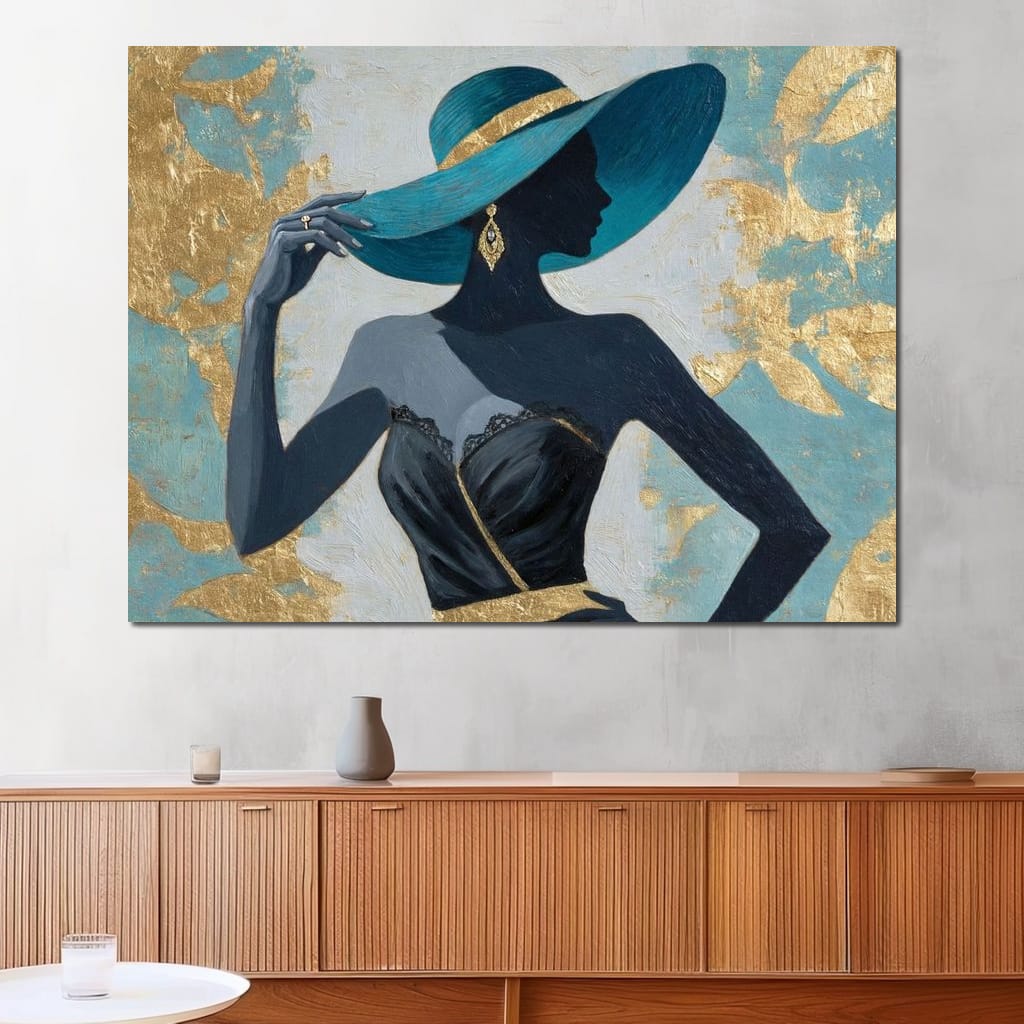 Golden Teal Elegance Lady Canvas Wall Art