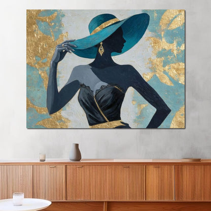 Golden Teal Elegance Lady Canvas Wall Art