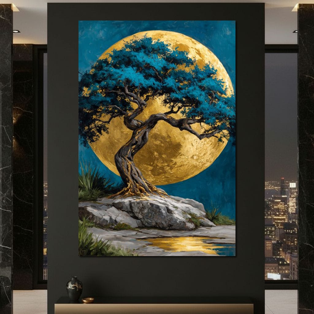 Golden Moonlit Tree Reverie Canvas Wall Art
