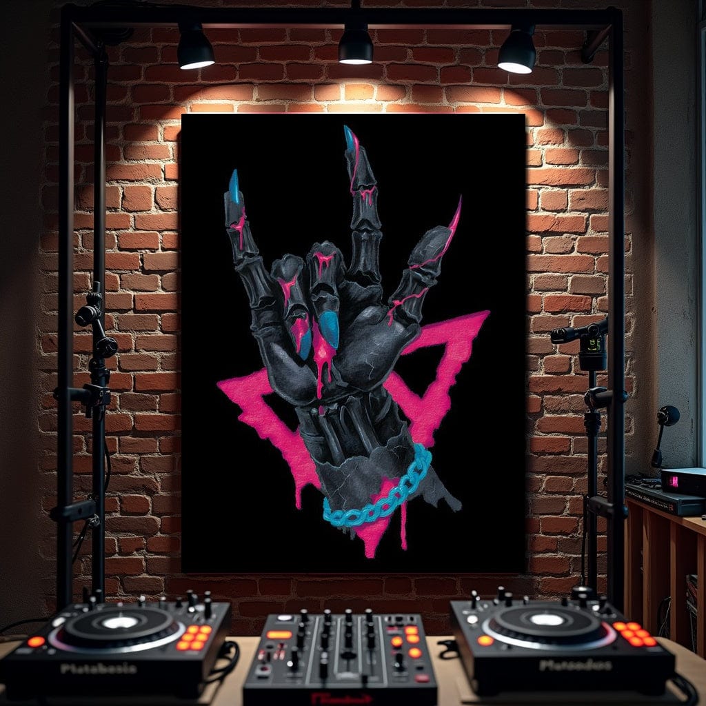 Neon Skeleton Rock Hand Sign Canvas Wall Art