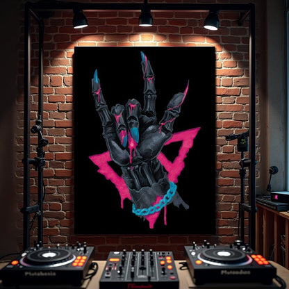 Neon Skeleton Rock Hand Sign Canvas Wall Art