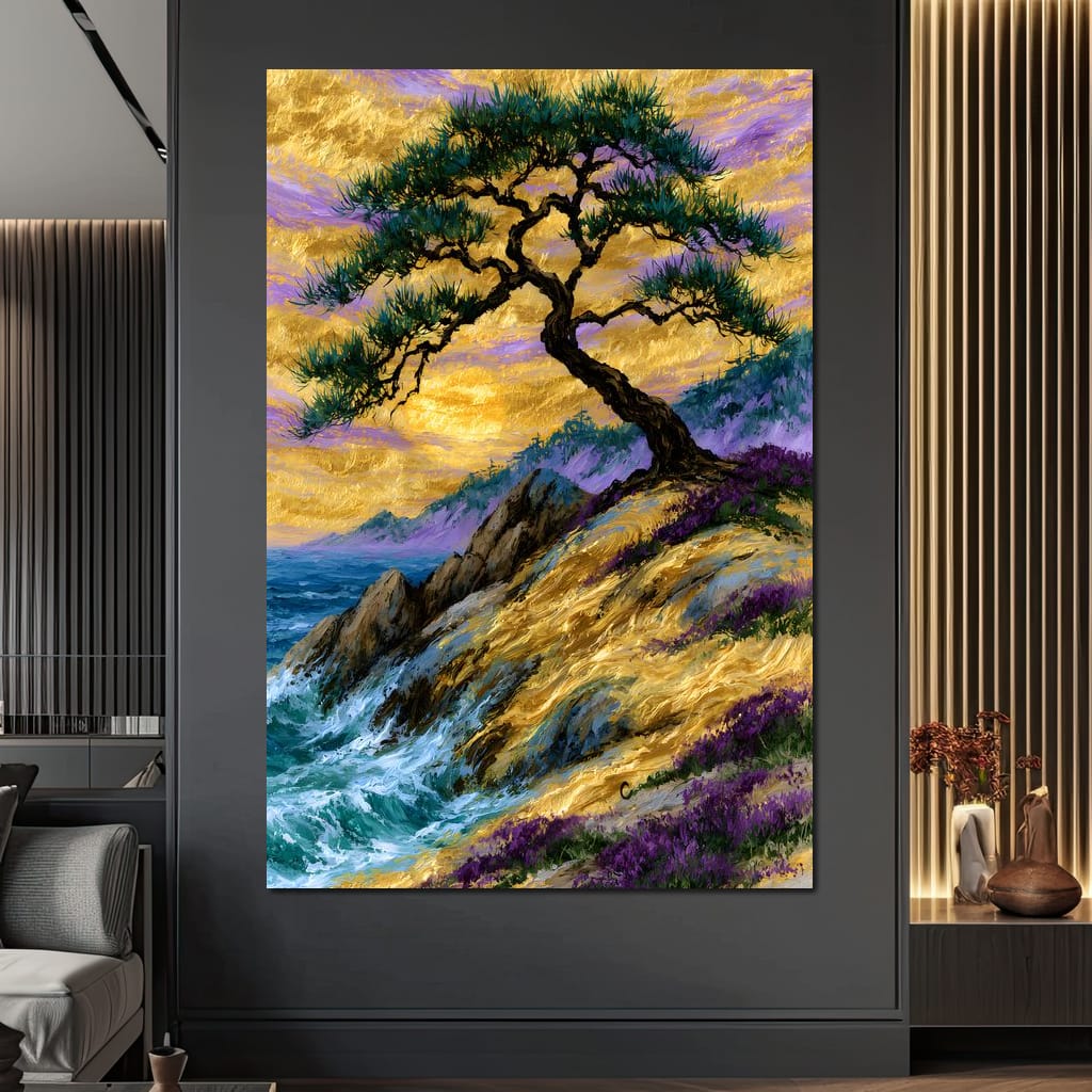 Golden Shoreline Beneath An Ancient Pine Canvas Wall Art