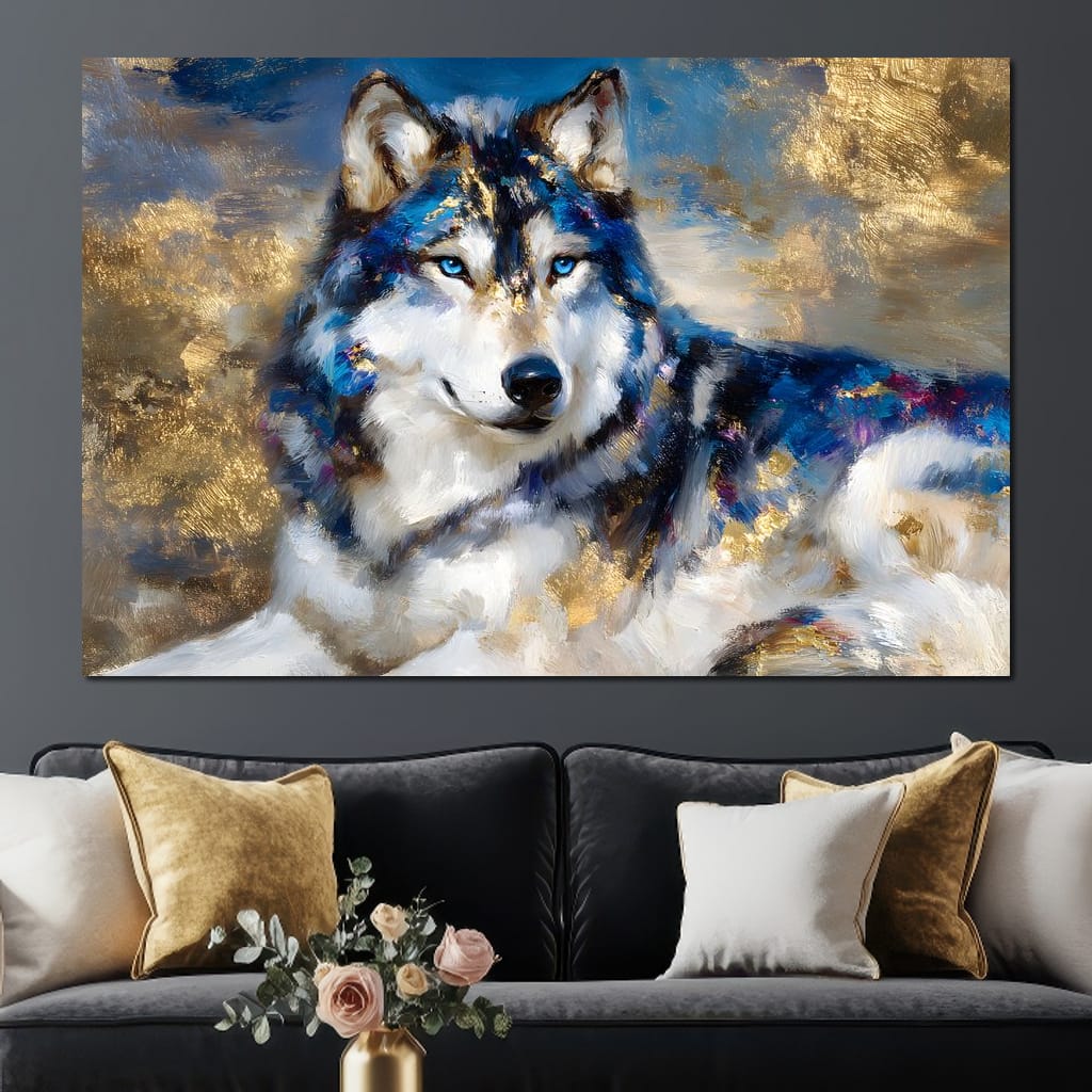 Sapphire Wolf Gold Radiance Canvas Wall Art