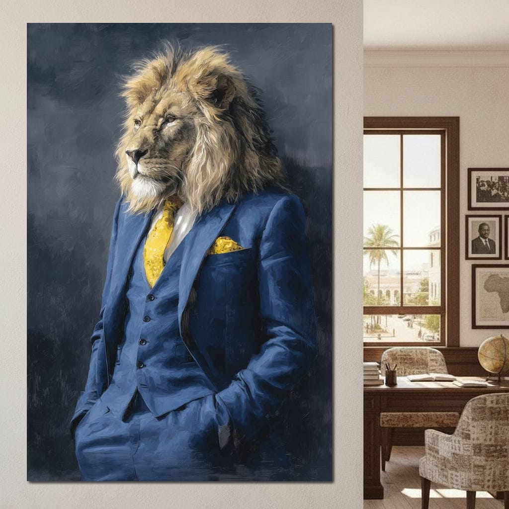 Regal Lion Portrait Blue Suit Canvas Wall Art