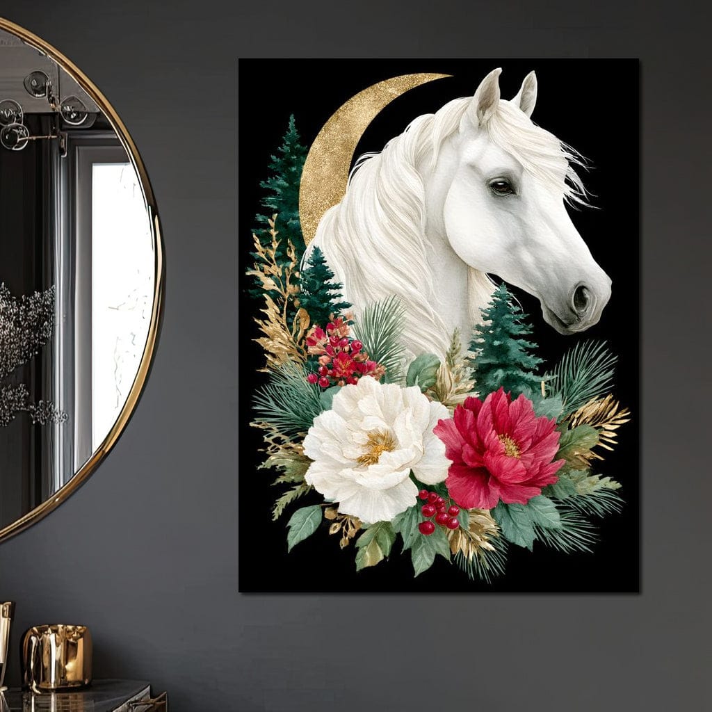 Moonlit Floral Gold White Horse Canvas Wall Art