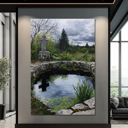 Celtic Cross Garden Pond Sky Canvas Wall Art