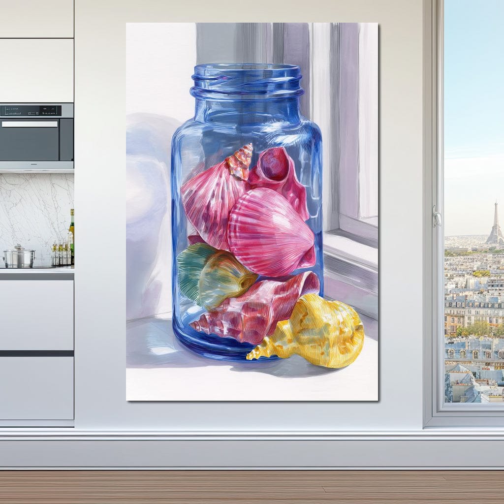 Seashells Jar Sunlit Window Canvas Wall Art