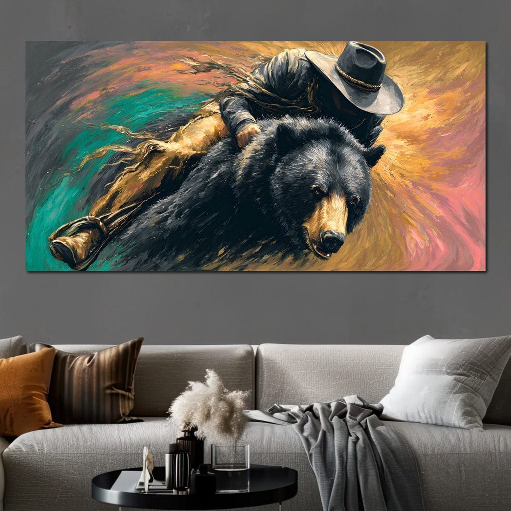 Cowboy Charge On Midnight Bear Canvas Wall Art