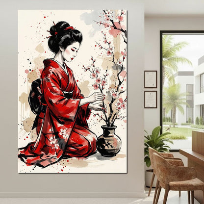 Japanese Woman with Cherry Blossoms Canvas Wall Art