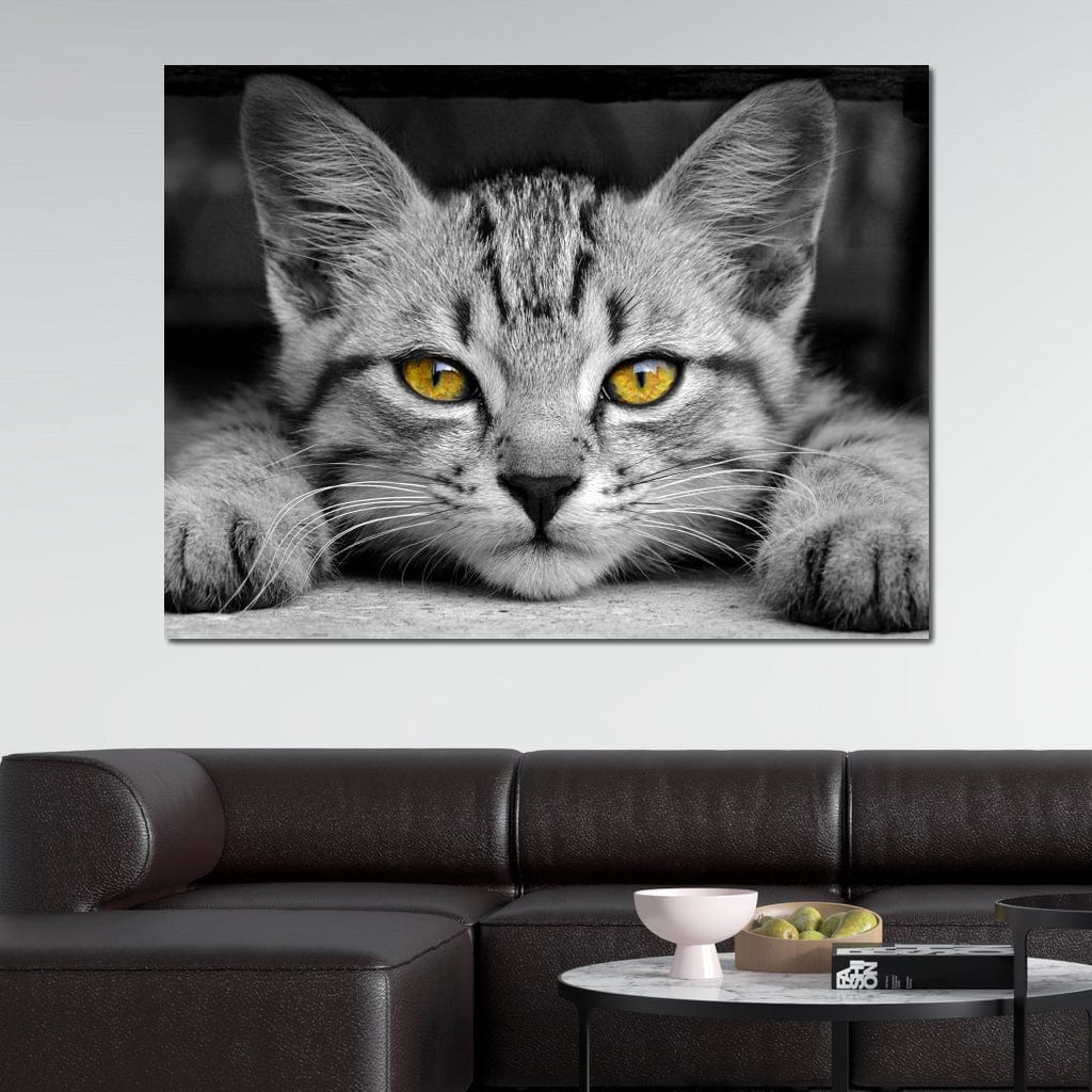 Black & White Cat with Yellow Eyes Canvas Wall Art