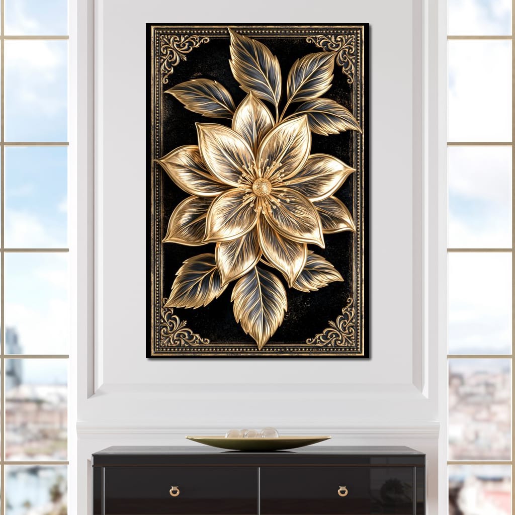 Gilded Petals on Obsidian Fields Canvas Wall Art