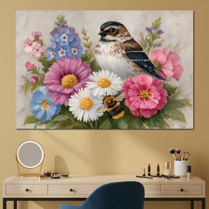 Garden Sparrow and Bumblebee Canvas Wall Art