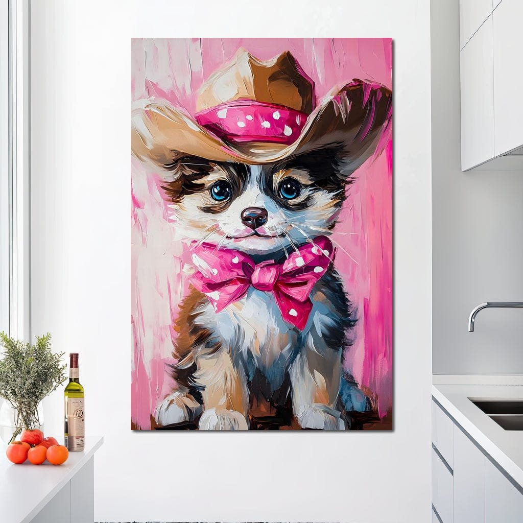 Cute Cowboy Puppy Pink Bow Charm Canvas Wall Art