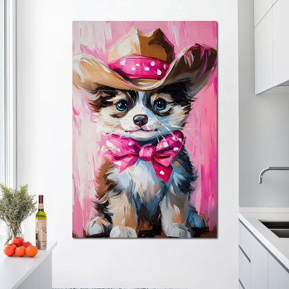 Cute Cowboy Puppy Pink Bow Charm Canvas Wall Art