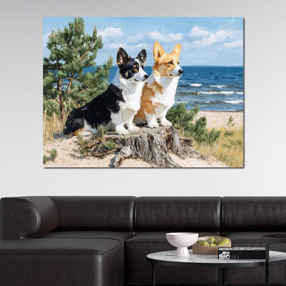 Coastal Corgi Pair Lookout Canvas Wall Art