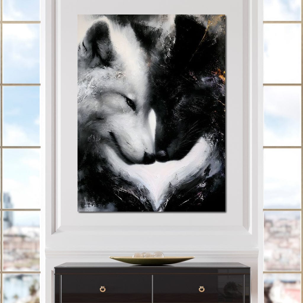 Dual Wolf Spirit Embrace Canvas Wall Art